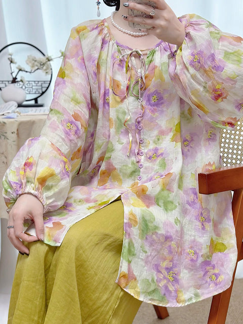 Camisa de cuello redondo con estampado de flores de ramio para mujer de primavera