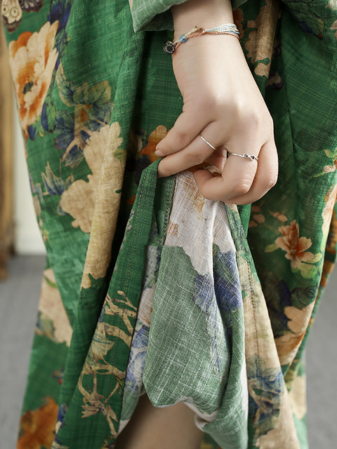 Vestido holgado de algodón con escote en V y flores estilo vintage para mujer