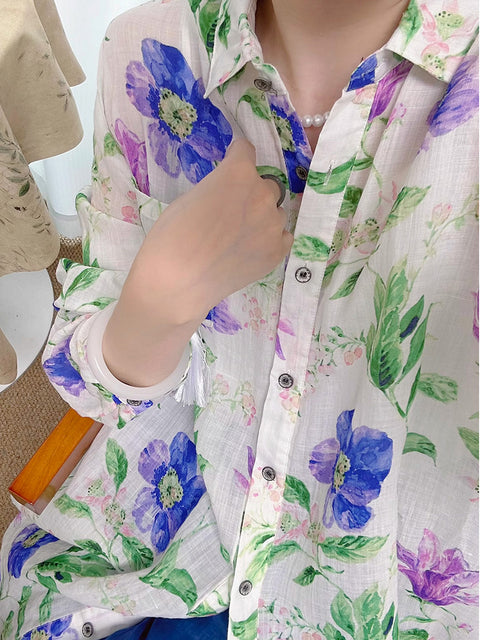 Camisa de mujer de primavera con botones y estampado floral 100 % ramio