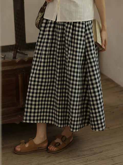 Women Summer Vintage Plaid Loose 100%Cotton Skirt