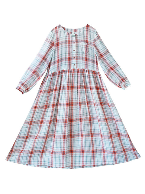 Women Spring Plaid O-Neck 100%Linen Loose Dress