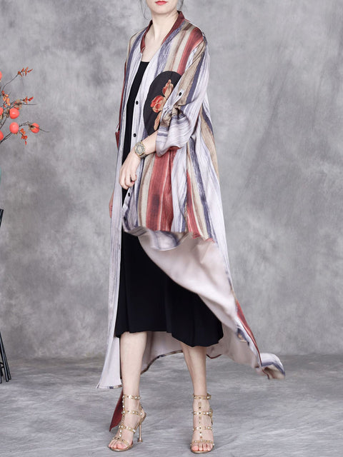 Women Spring Stripe Irregular Hem Stand Collar Long Coat