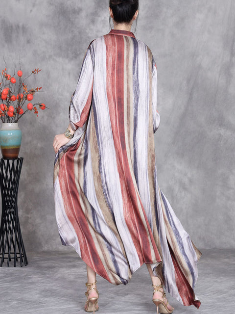 Women Spring Stripe Irregular Hem Stand Collar Long Coat