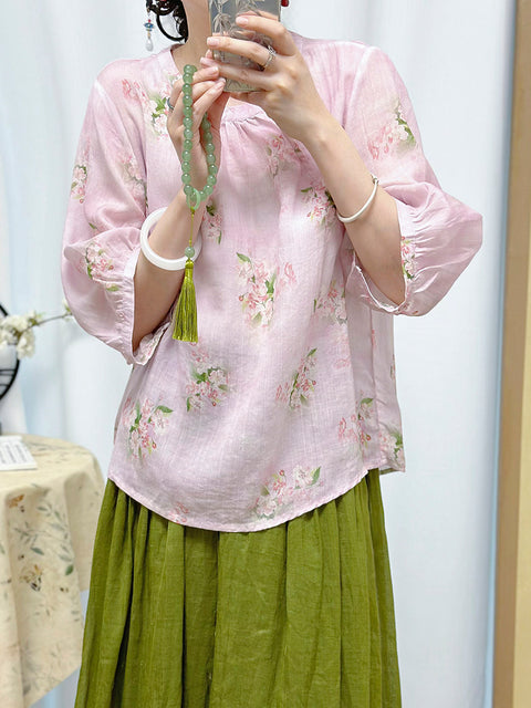 Women Summer Ethnic Flower O-Neck 100%Ramie Shirt