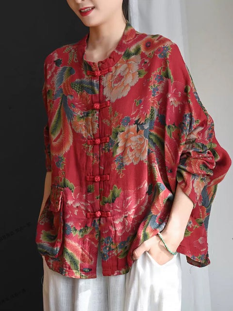 Women Summer Ethnic Flower Stand Collar 100%Cotton Shirt