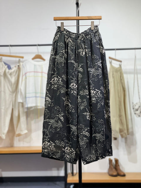 Pantalones anchos de ramio con flores de vinificación para mujer