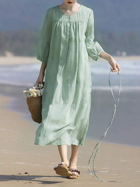 Vestido suelto de verano con cuello redondo y bordado de ramio para mujer