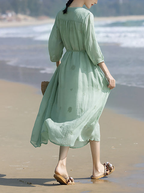 Vestido suelto de verano con cuello redondo y bordado de ramio para mujer