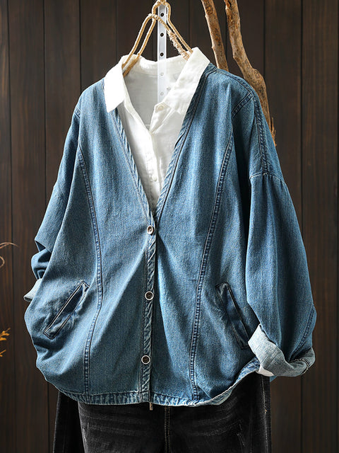 Women Vintage Spring V-Neck Denim Shirt Coat