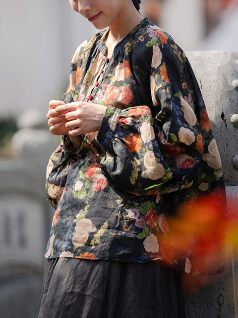 Camisa étnica de primavera para mujer, con cuello alto y flores, 100 % ramio