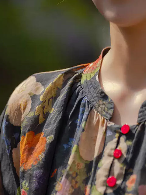 Camisa étnica de primavera para mujer, con cuello alto y flores, 100 % ramio