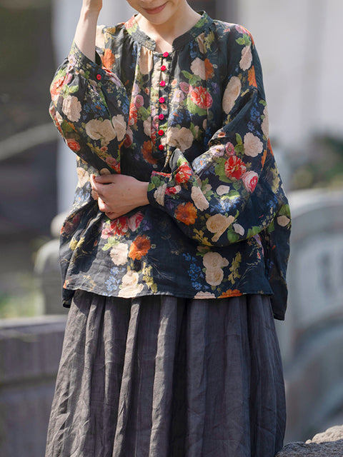 Camisa étnica de primavera para mujer, con cuello alto y flores, 100 % ramio