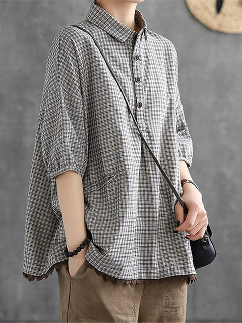 Women Summer Vintage Plaid Turn-down Collar Shirt