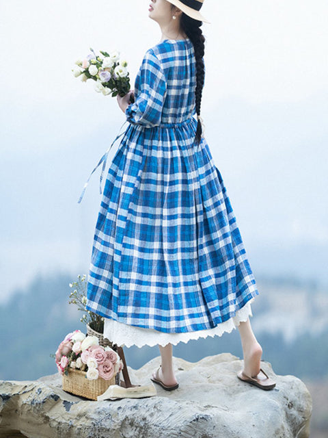 Vestido holgado de lino 100 % con tirantes y cuello redondo a cuadros para mujer