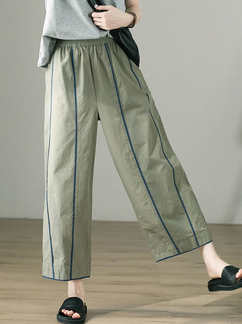 Women Spring Casual Colorblock 100%Cotton Wide-leg Pants