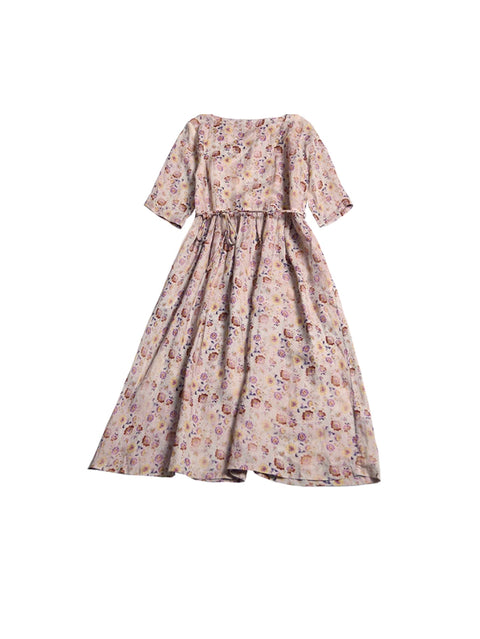 Women Spring Artsy Floral  100%Ramie Loose Dress