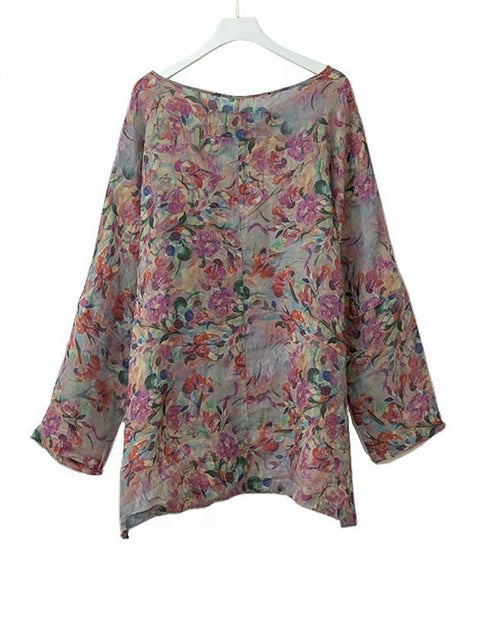 Women Spring Artsy O-Neck Flower Ramie Shirt