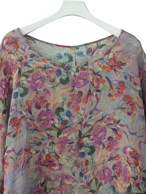 Women Spring Artsy O-Neck Flower Ramie Shirt