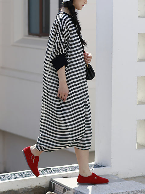 Women Summer Casual Colorblock Stripe Loose Dress