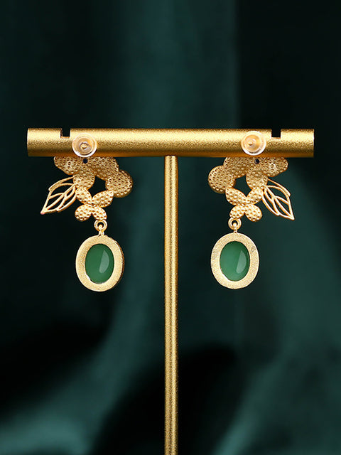 Pendientes con placa dorada de jade verde esmaltado con flores para mujer