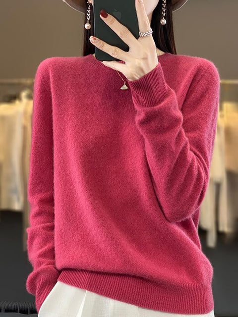 Women Autumn Solid Knit 100%Wool O-Neck Sweater