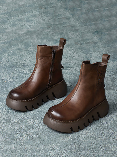 Botas de plataforma de cuero genuino retro para mujer