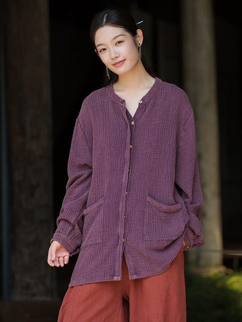 Camisa de otoño con botones y bolsillos de ramio para mujer