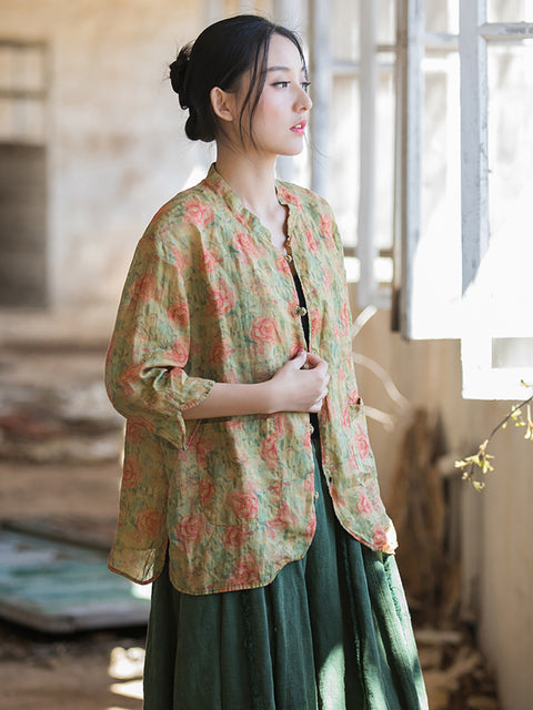 Camisa retro con estampado de flores y botones de verano para mujer