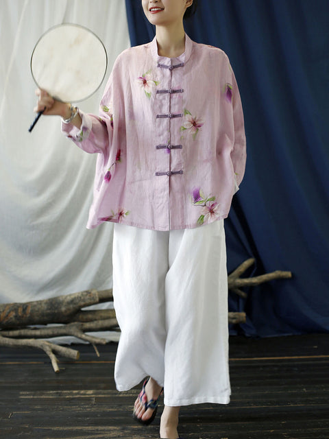 Camisa de mujer de talla grande con estampado vintage de flores en color rosa y ramio para primavera