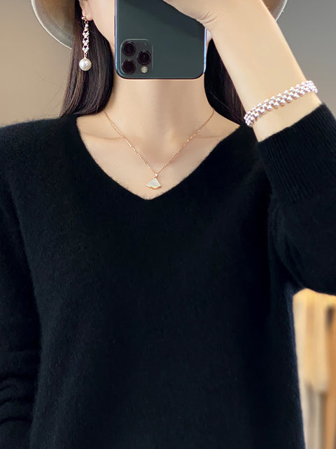 Women Autumn Pure Color V-Neck Knit Sweater