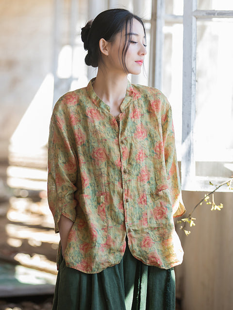 Camisa retro con estampado de flores y botones de verano para mujer