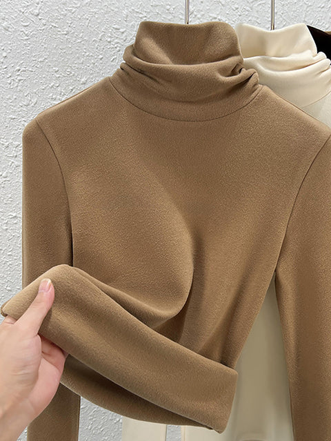 Women Winter Casual Turtleneck Buttom Fleece Blouse