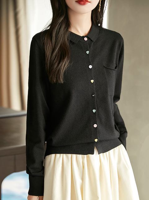 Women Spring Turn-down Collar Knit Sweater