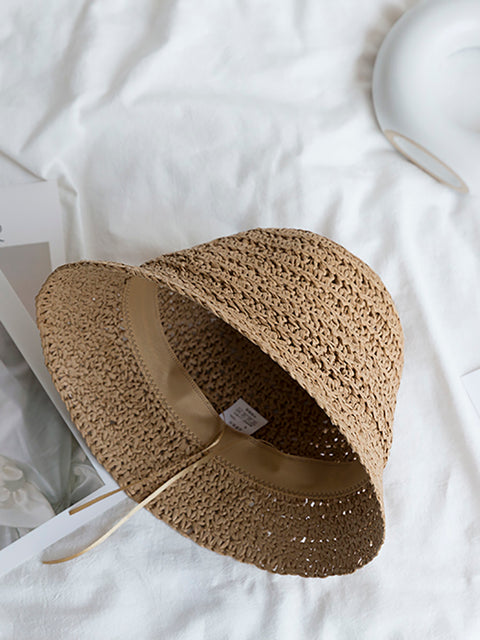 Sombrero de verano para mujer, tejido de paja, sólido, para viajes, resistente al sol