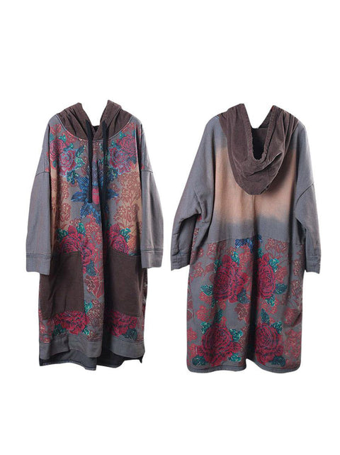 Women Spring Vintage Flower Spliced Hooded Dress