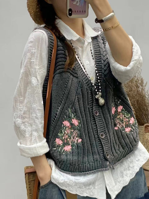 Women Vintage Floral Embroidery V-neck Knitted Vest