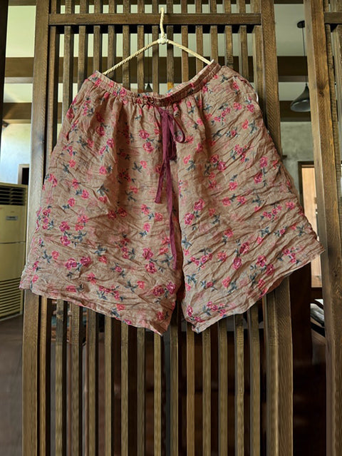 Pantalones cortos holgados de ramio con flores vintage de verano para mujer