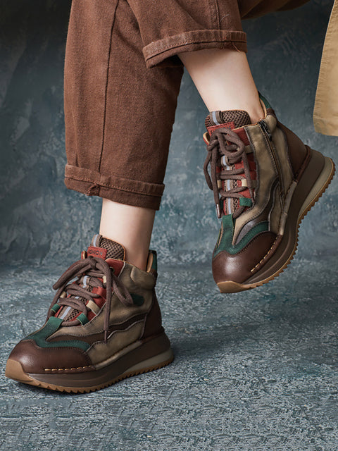 Zapatos de plataforma de cuero con bloques de color vintage para mujer para invierno