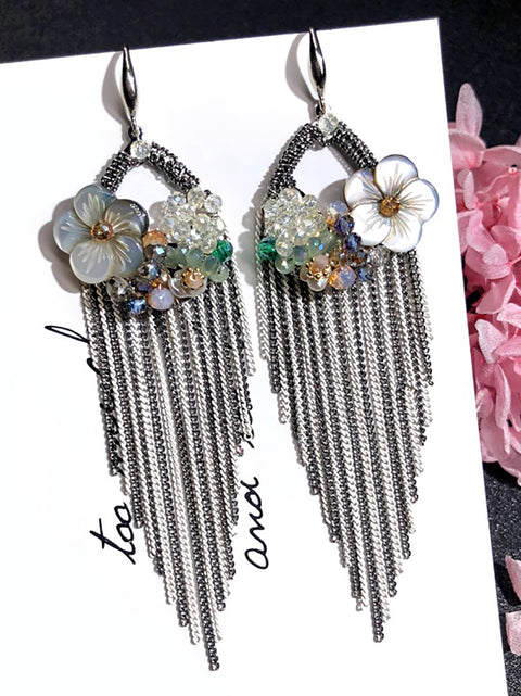 Women Vintage Flower Shell Alloy Tassel Earrings