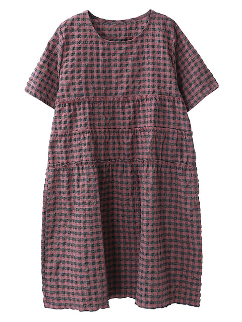 Plus Size Summer Plaid Round Neck Cotton Linen Midi Dress