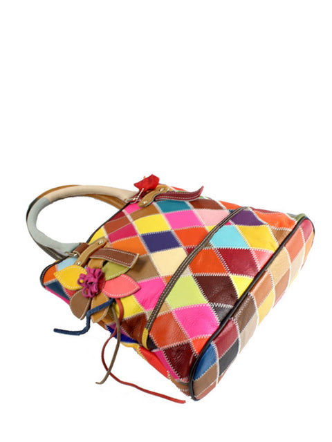 Bolso de mano con flores de cuero en contraste de color para mujer