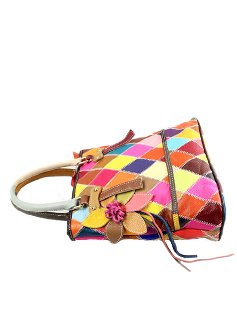 Bolso de mano con flores de cuero en contraste de color para mujer