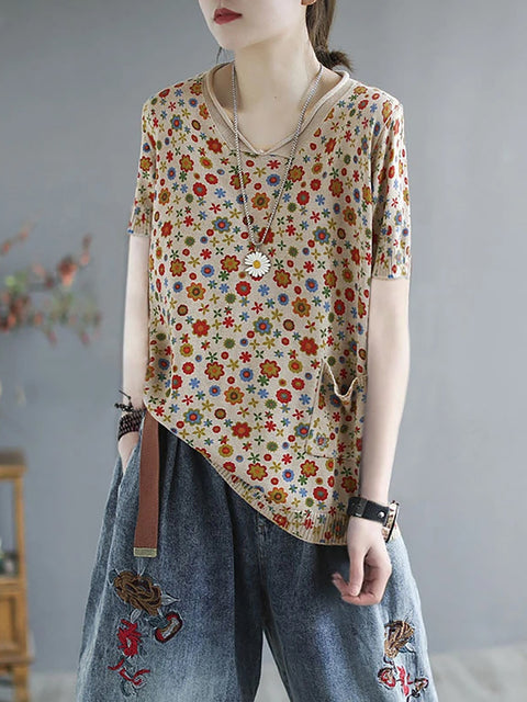 Camisa informal de punto con flores de verano para mujer de talla grande