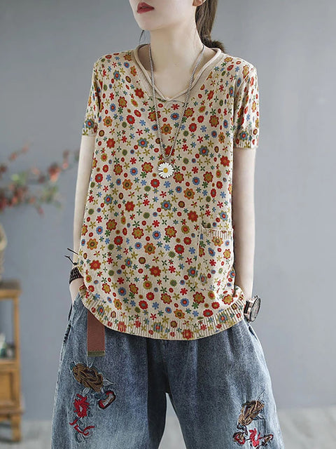 Camisa informal de punto con flores de verano para mujer de talla grande