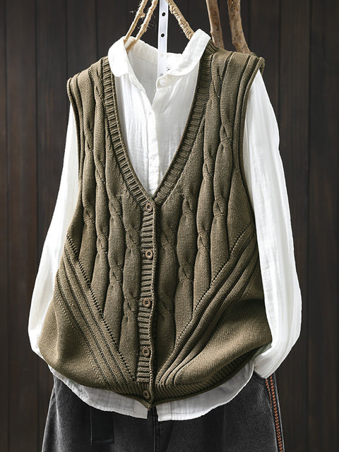 Women Spring Pure Color Knit V-Neck Vest