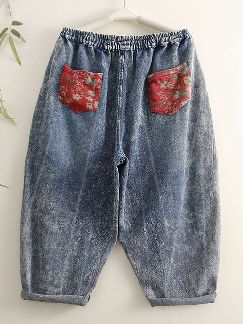 Pantalones harén con parches florales vintage de verano para mujer de talla grande