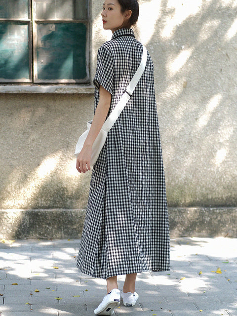 Vestido holgado vintage de verano con estampado de rana y cuadros escoceses para mujer de talla grande