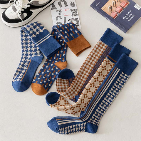 5 Pairs Women Vintage Plaid Warm Long Socks