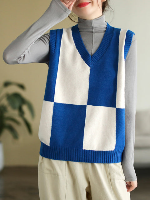 V-Neck Colorblock Plaid Sleeveless Vest Pullover Vest