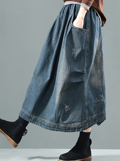 Women Retro Fade Pocket Elastic Waist Denim Skirt